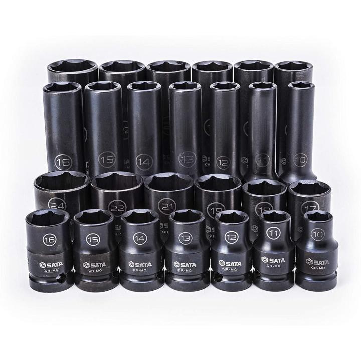 26Pc. 1 2 Drive 6 Point Metric Standard Deep Thin Wall Impact Socket Set SATA
